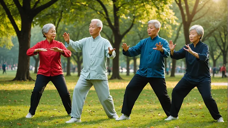 Elderly people practicing tai chi in a park