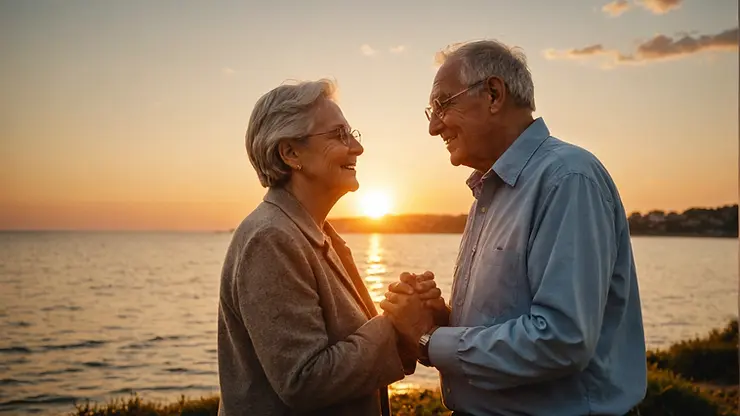 A loving couple cherishing a serene moment during a beautiful sunset.